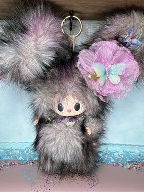 (35) Plush Faux Fur Keychain Charm with Purple Flower Accent